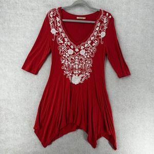 Anthropoligie Caite Dress SM Floral Embroidered Tunic Red White Embroidered Boho